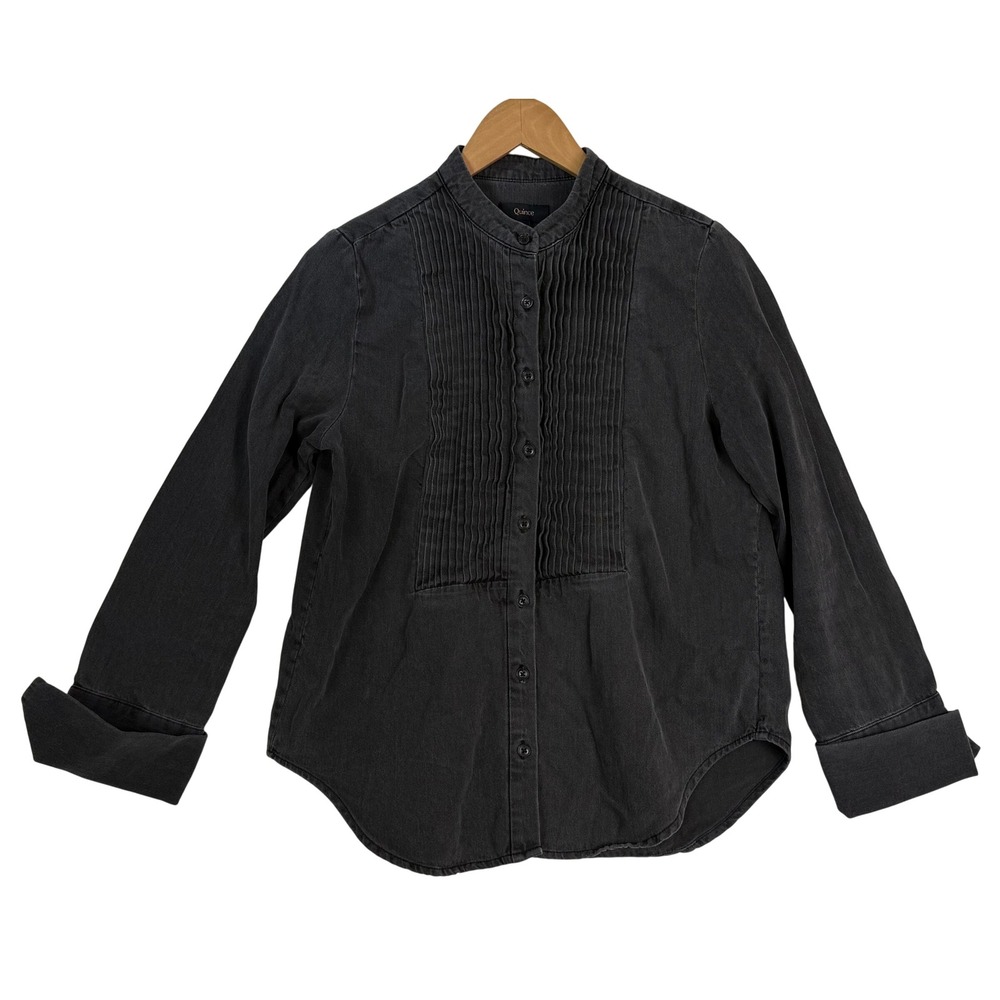 Quince Distressed Denim Peasant Pintuck Blouse Button Down Shirt Top Black Sz S